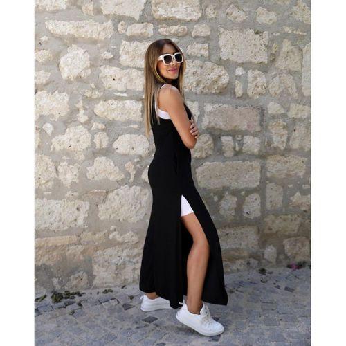 Kadın Askılı Yuvarlak Yakalı Cepli Yırtmaç Detaylı Viskon Elbise Ve Atlet Ikili Takım