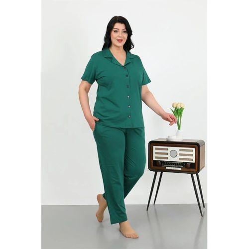 Kadın Büyük Beden Pamuklu Cepli Düğmeli Zümrütyeşili Pijama Takım