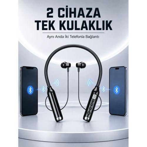 Boyun Bantlı Bluetooth Kulaklık Dijital Ekranlı Mikrofonlu Çift Telefon Bağlantılı Kablosuz Müzik Ve Görüşme Kulaklığı