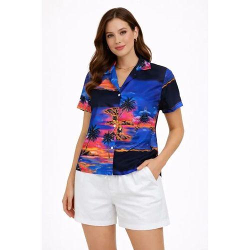 Gün Batımı Tropikal Desenli Kısa Kol Gömlek Şort Takım Yazlık Rahat Kalıp - Desenli