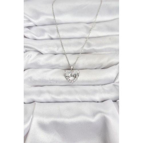 316L Çelik Zincir Gümüş Renk Kalp ve Fiyonk Model Zirkon Taşlı Kadın Kolye