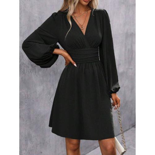 Kadın Uzun Kollu Kruvaze Yakalı Bel Korsajlı Mini Elbise