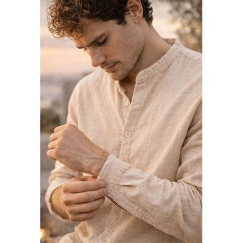 Hafif ve Nefes Alabilir Erkek Müslin Yarım Pat Hakim Yaka Oversize Gömlek- Açık Bej