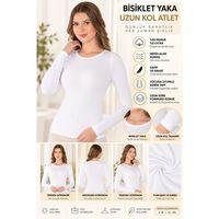 Kadın Bisiklet Yaka Uzun Kol Atlet Beyaz, Esnek Kumaş, Vücuda Oturan Basic Body - ryl - 2613