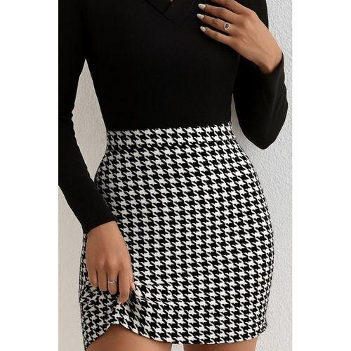 Kadın Uzun Kollu V Yakalı Kaz Ayağı Desenli şardonlu Dalgıç Elbise