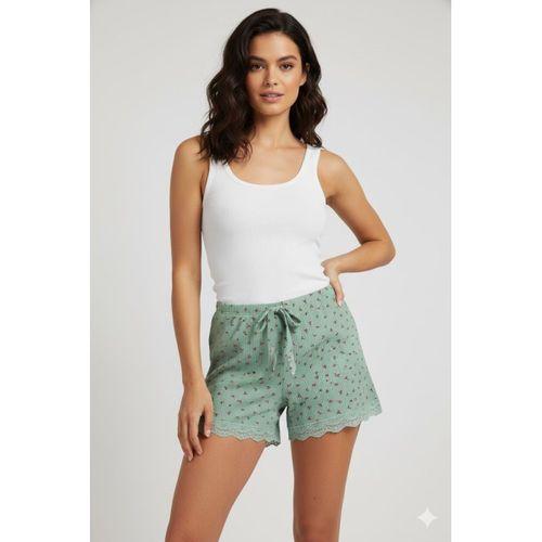 Düz Renk Mini Çiçek Desenli Penye Kadın Ev Şortu Bacak Dantel Detaylı Ev Giyim Yeşil