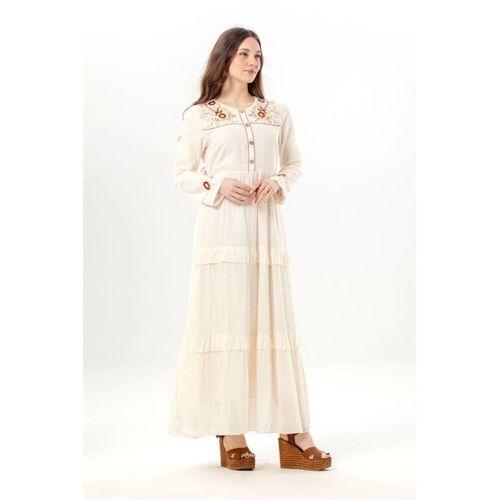 Uzun Kol Zeynep Bisiklet Yaka Nakışlı Uzun Vual Elbise Krem Krm
