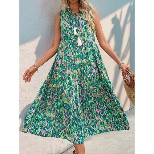 Kadın Askılı Yakası Fırfırlı Bağcıklı Desenli Uzun Süprem Elbise