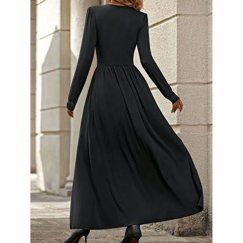 Kadın Uzun Kollu V Dantel Yakalı Yırtmaçlı Uzun Sandy Elbise