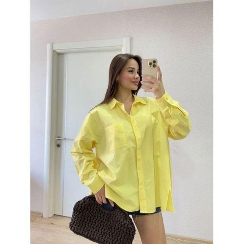 Oversize Pens Detaylı Cepli Yırtmaçlı Rahat Kalıp Poplin Gömlek - Sarı
