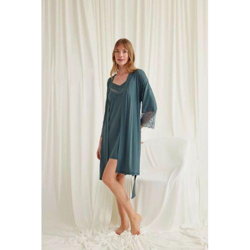 Dekolteli Yakası Ve Kolu Dantelli Sabahlık Takımı