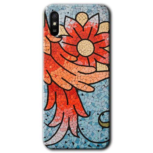 MRCİLETİSİM Xiaomi Redmi 9A Kılıf Baskılı Kapak - Mozaik Çiçek + 5D Tam Kaplayan Cam