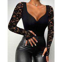 Kadın Uzun Kollu Dantelli Dekolte Detaylı Dalgıç Bluz