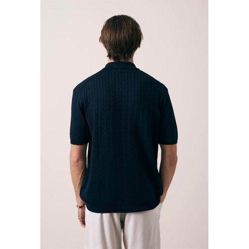 Burke Saç Örgü Yarım Fermuarlı Kısa Kollu İnce Triko Erkek T-Shirt - Lacivert