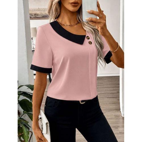 Kadın Kısa Kollu Asımetrik Yaka Detaylı Düğmeli Dubai Bluz