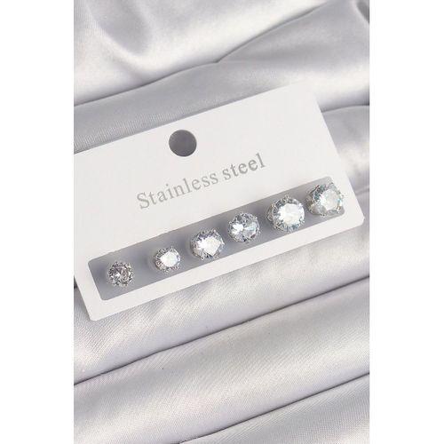 316L Çelik Gümüş Renk Zirkon Taşlı Kadın Küpe Seti