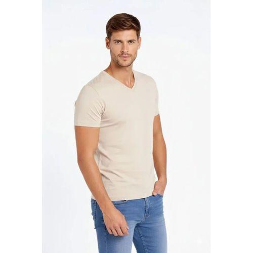 Erkek T-Shirt V Yaka Slim Fit Dar Kesim Likralı Tişört Günlük Basic Body - Taş