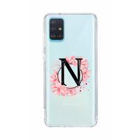 Samsung A51 Pembe Çiçek Desen N Harfli Şeffaf Kılıf