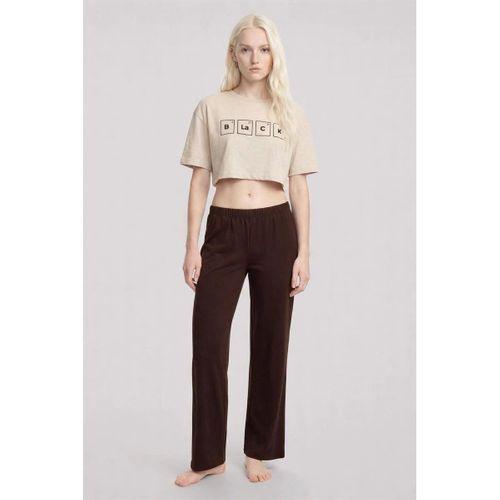 Kadın Kum Kahve Baskılı Crop T-shirt Pantolon Takım Rahat Günlük Spor Şık İkili Set