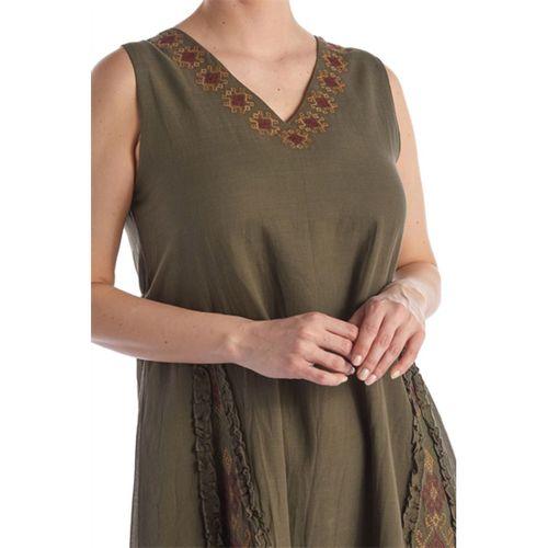 Kolsuz Haki V Yaka Yazlık Nakışlı Otantik Vual Kısa Elbise