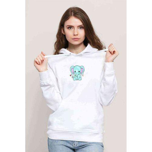 Kawaii Baby Elephants Baskılı Beyaz Kadın Kapşonlu Sweatshirt