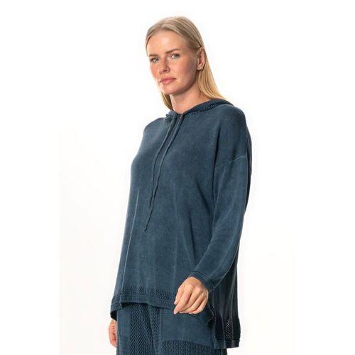 Uzun Kol Kapüşonlu Fileli Sonbahar ve Kışlık Triko Bluz İndigo indg