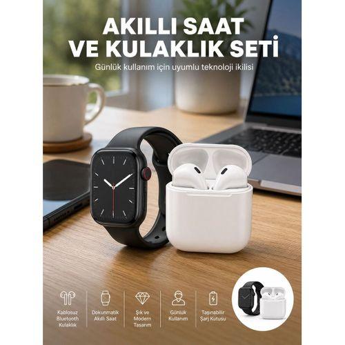 Akıllı Saat Gümüş Kasa Bluetooth Kulaklık Hediyeli Çok Fonksiyonlu İkili Set