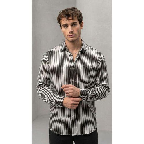 Felton Çizgili Saten Kumaş Tek Cepli Regular Fit Erkek Gömlek - Siyah