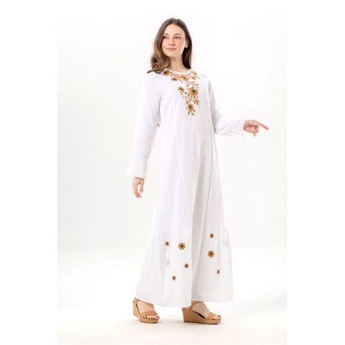 Uzun Kol Aysu Nakışlı Bisiklet Yaka Şile Bezi Yazlık Uzun Elbise Beyaz Byz