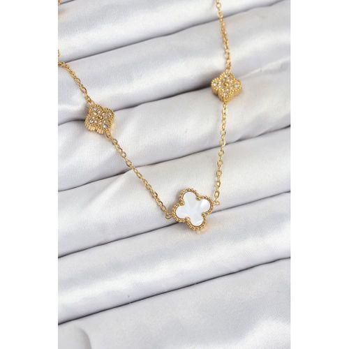 316L Çelik Zincir Gold Renk Beyaz ve Zirkon Taşlı Yonca Kadın Kolye