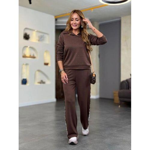 Kadın Uzun Kollu Yakalı şerit Detaylı Viskon Iki Iplik Bluz Ve Pantolon Ikili Takım