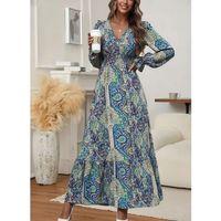 Kadın Uzun Kollu Kruvaze Yakalı Desenli Süprem Maxi Elbise