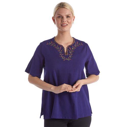 Şile Bezi Kısa Kol Mor Nakışlı V Yaka Yazlık Otantik Bluz