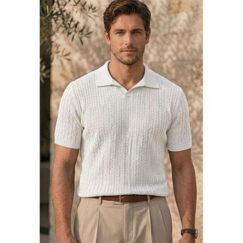 Nestor Saç Örgü Desenli Polo Yaka Regular Fit Örme İnce Triko Erkek T-Shirt - Ekru