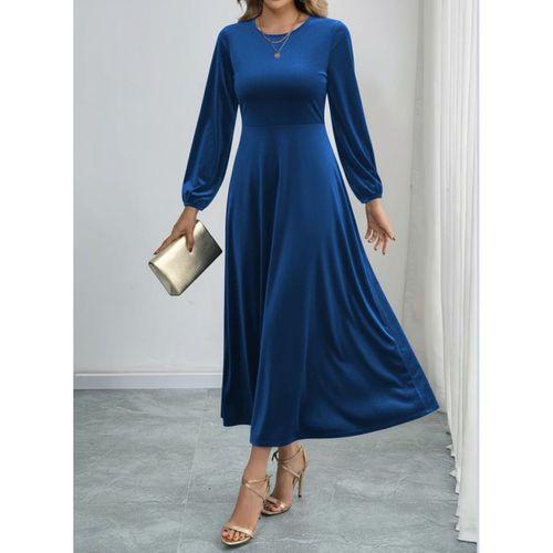 Kadın Uzun Kollu Bisiklet Yaka Midi Kadife Mavi Elbise