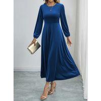 Kadın Uzun Kollu Bisiklet Yaka Midi Kadife Mavi Elbise