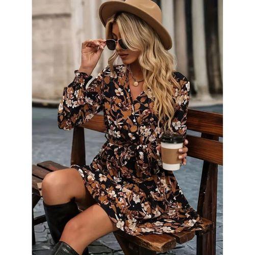 Kadın Uzun Kollu Kruvaze Yakalı Belden Kuşaklı çiçek Desenli Mikro Süprem Mini Elbise