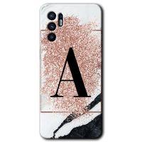 Oppo Reno 6 Kılıf HD Desen Baskılı Arka Kapak + Temperli Cam - Pembe Mermer Desenli A Harfi