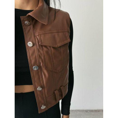 DERİ CROP YELEK - Kahverengi