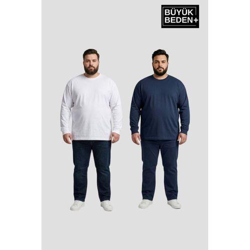 Erkek Büyük Beden 2 li Set Uzun Kollu 2 İplik Bisiklet Yaka Tişört SPR26BEA942+2