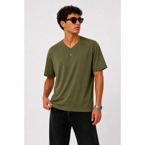 Erkek V Yaka Basic Tişört Kısa Kol Yazlık Regular Fit T-Shirt - Haki