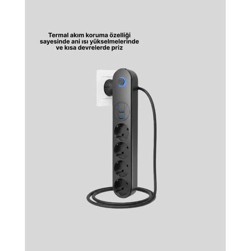 4’lü Çoklu Priz 2 Usb Type-c Girişli Akım Korumalı Siyah