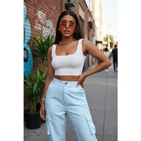 Kadın Beyaz Kalın Askılı Crop Top Büstiyer Esnek Kumaş Şık Basic Kadın Üst Giyim