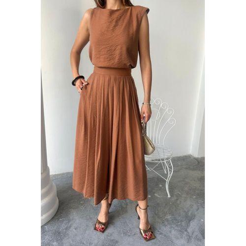 KETEN KOLSUZ BLUZ - MAXİ ETEK TAKIM - Kahverengi