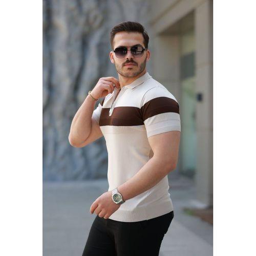 Erkek Fermuar Yakalı şerit Renk Desenli Kısa Kollu Tişört