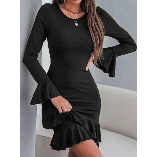 Kadın Uzun Kollu Yuvarlak Yaka Fırfırlı Kol Ucu Volanlı Janjan Krep Mini Elbise