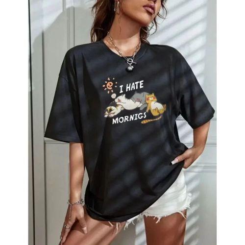 Pilelistore Bisiklet Yaka Baskılı Oversize T-Shirt - Siyah