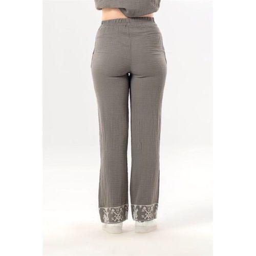 Nirvana Beli Lastikli Müslin Yandan Çift Cepli Nakışlı Pantolon Gri Gri