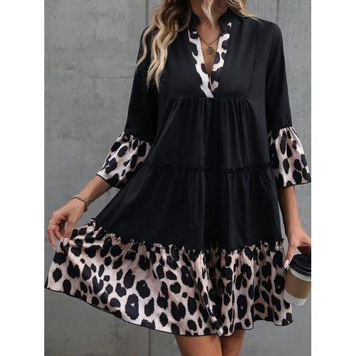 Kadın Fakir Kol V Yakalı Leopar Desen Detaylı Trikoton Elbise