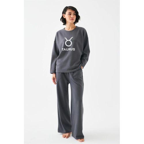 Kadın Füme Boğa Burcu Oversize 2 İplik Eşofman Ev Giyim Takımı